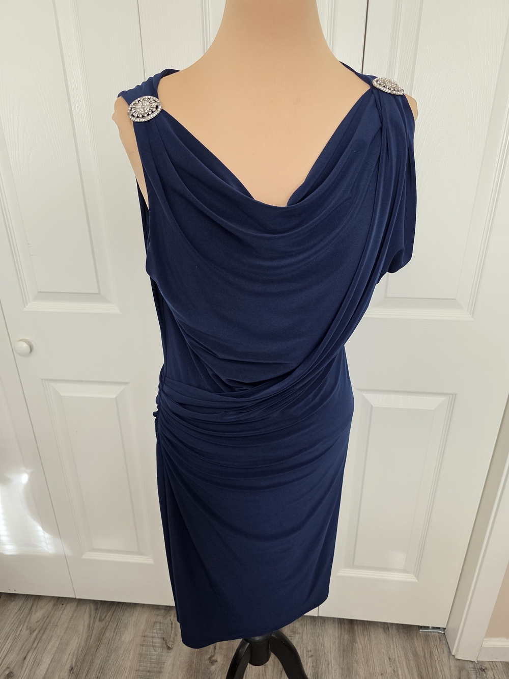 Ralph Lauren Navy Drape-Back Cocktail Dress with Embellished Shoulders